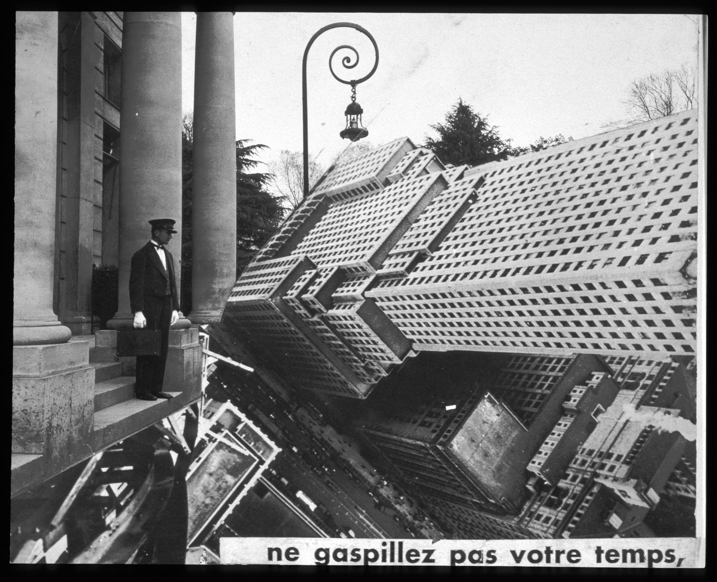 Collage of man standing on building portico steps looking down on city street with large buildings