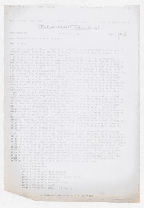 Correspondence with The Frederick Law Olmsted Association for the exhibition Olmsted: L'origine del parco urbano e del parco naturale contemporaneo