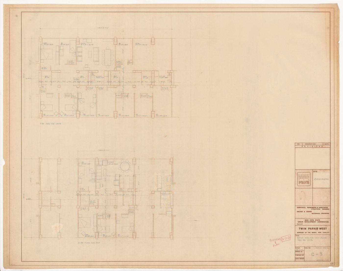 Typical thru floor unit plans for Twin Parks West, Sites R5-7, 10-12, 6, Bronx, New York