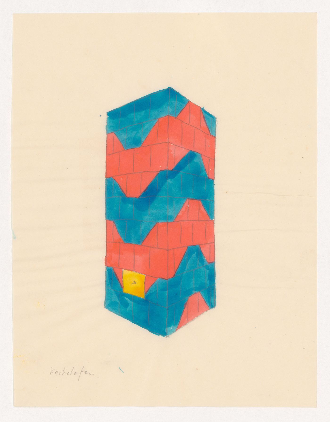 Perspective sketch for a red and blue tiled stove