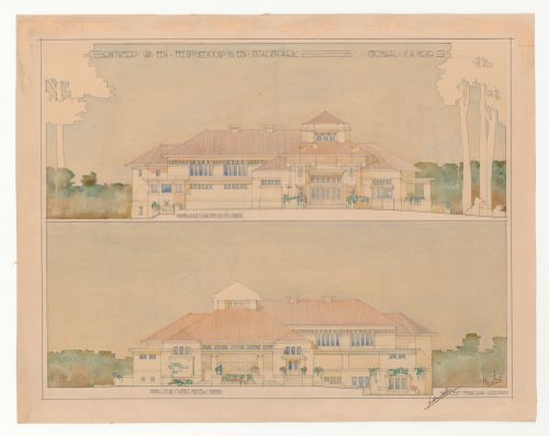 Student presentation drawing showing elevations for a dance hall in a municipal park, Technische Hogeschool Delft, Netherlands