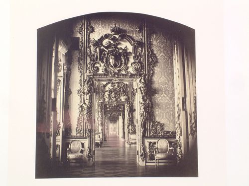 Interior view of a series of rooms through open doors, Catherine's Palace, Tsarskoye Selo (now Pushkin), Russia