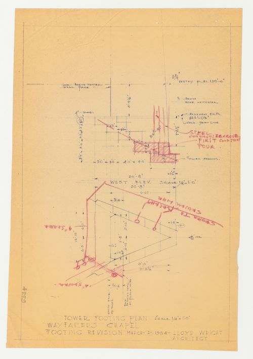 Wayfarers' Chapel, Palos Verdes, California: Plan and elevation for campanile footings