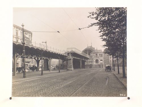 View of the elevated railway system along a street