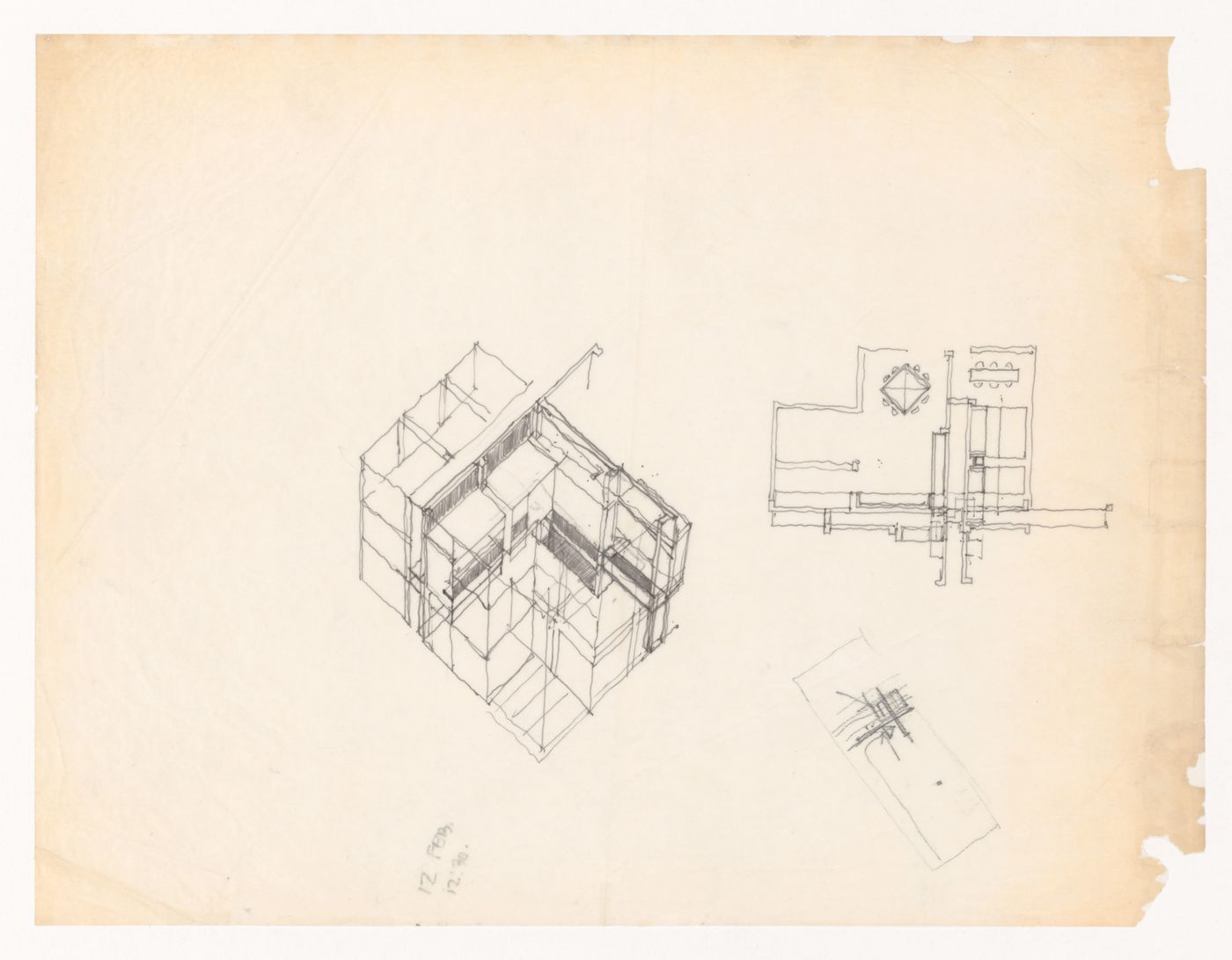 Sketch axonometric and plans for House VI, Cornwall, Connecticut