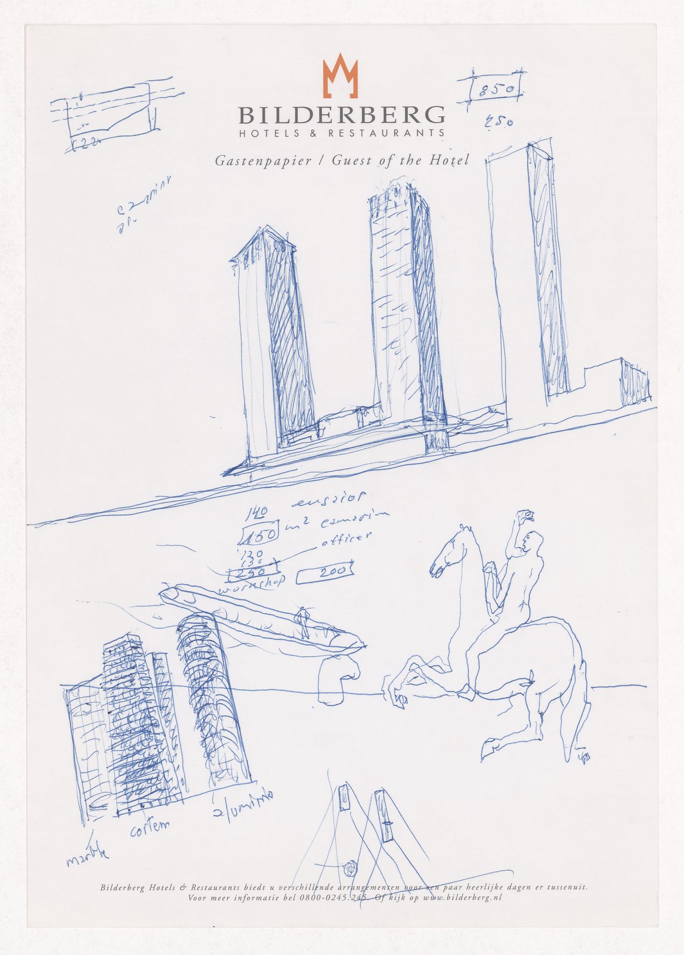 Sketch elevations and human figure on horse for New Orleans, Plot UG-8, Rotterdam, the Netherlands