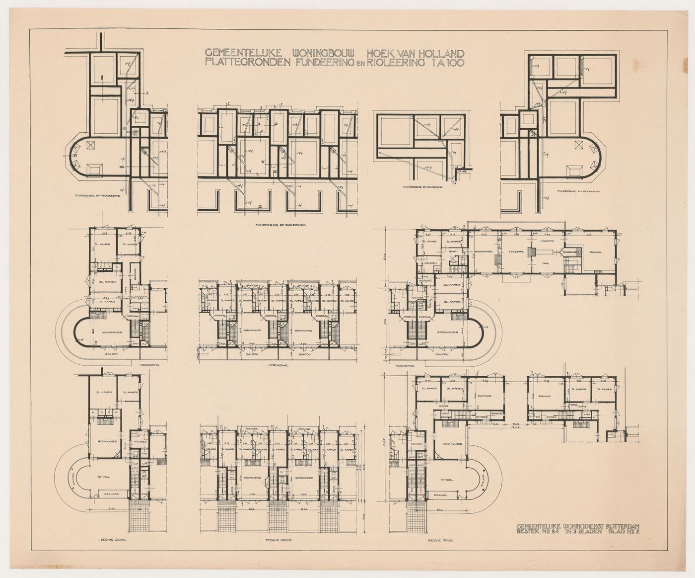 Foundation plans for the sewage system and floor plans for industrial row houses, Hoek van Holland, Netherlands