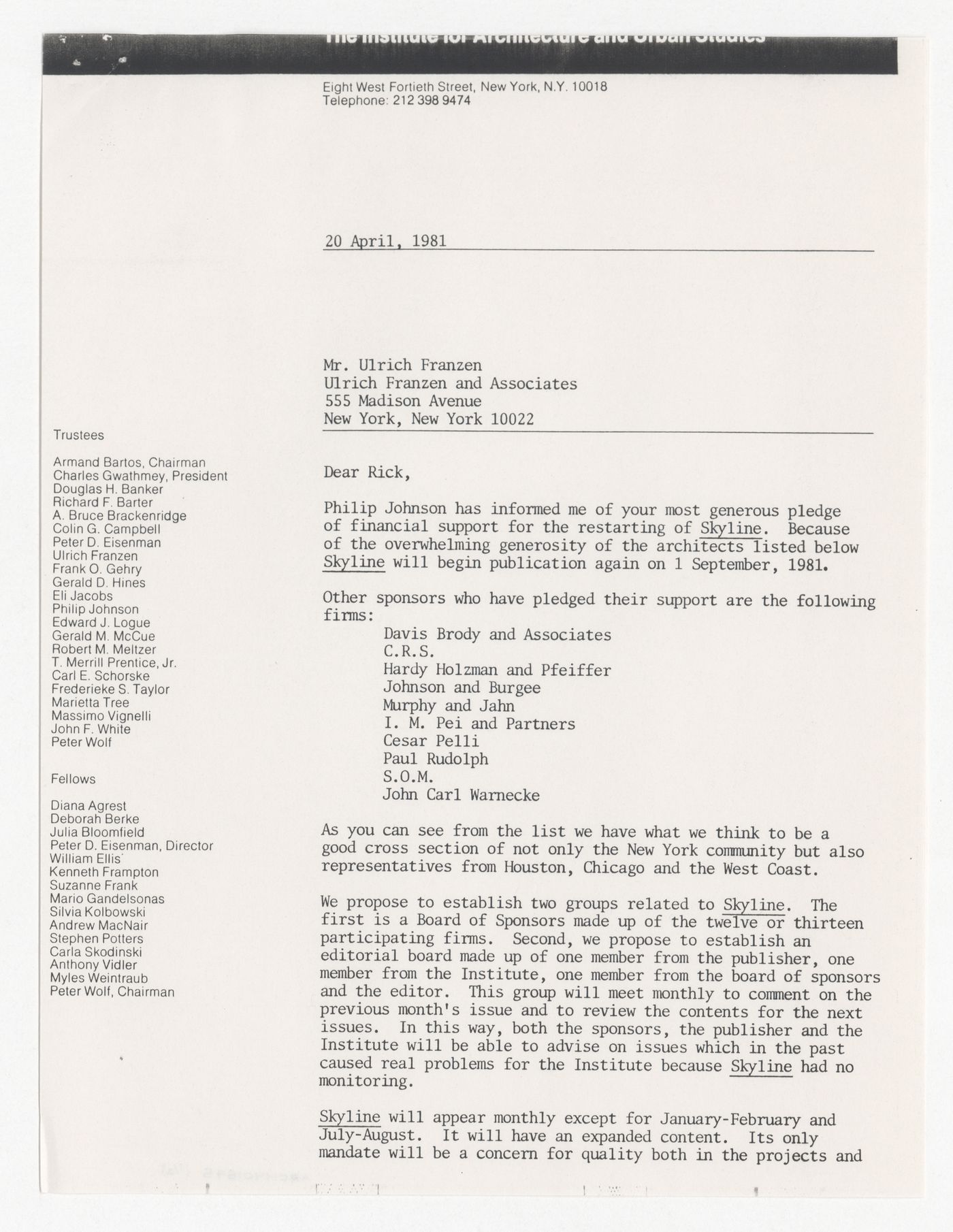 Letter from Peter D. Eisenman to Ulrich Franzen about sponsorship for Skyline