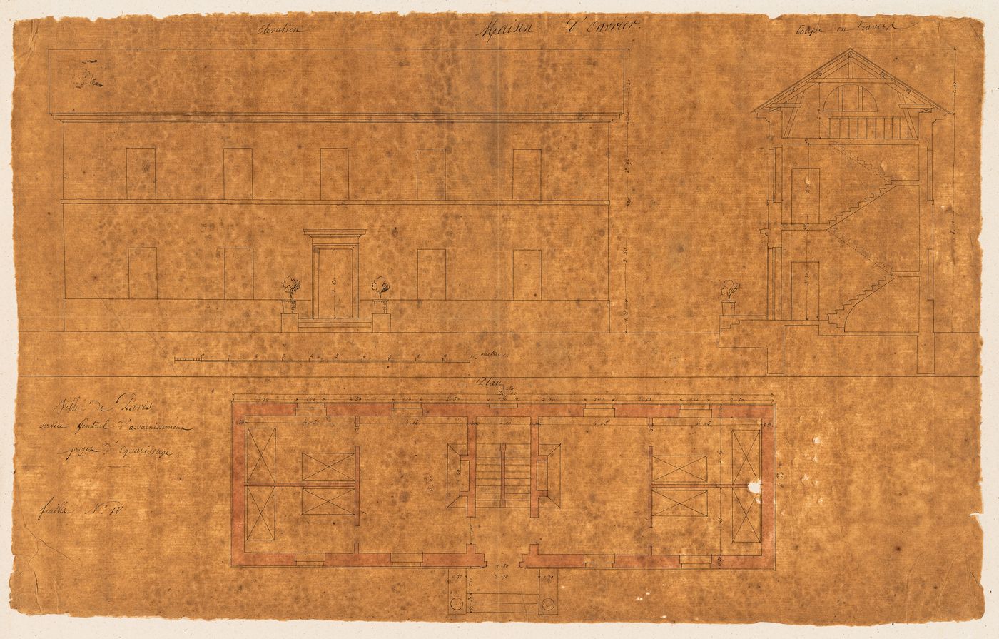 Project for Clos d'équarrissage, fôret de Bondy: Plan, elevation, and section for workers' housing