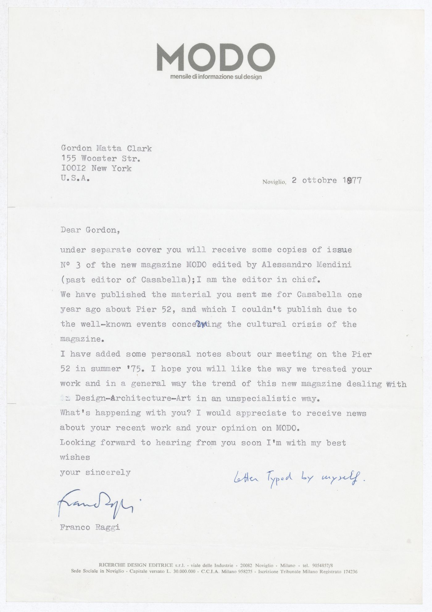 Letter from Franco Raggi to Gordon Matta-Clark