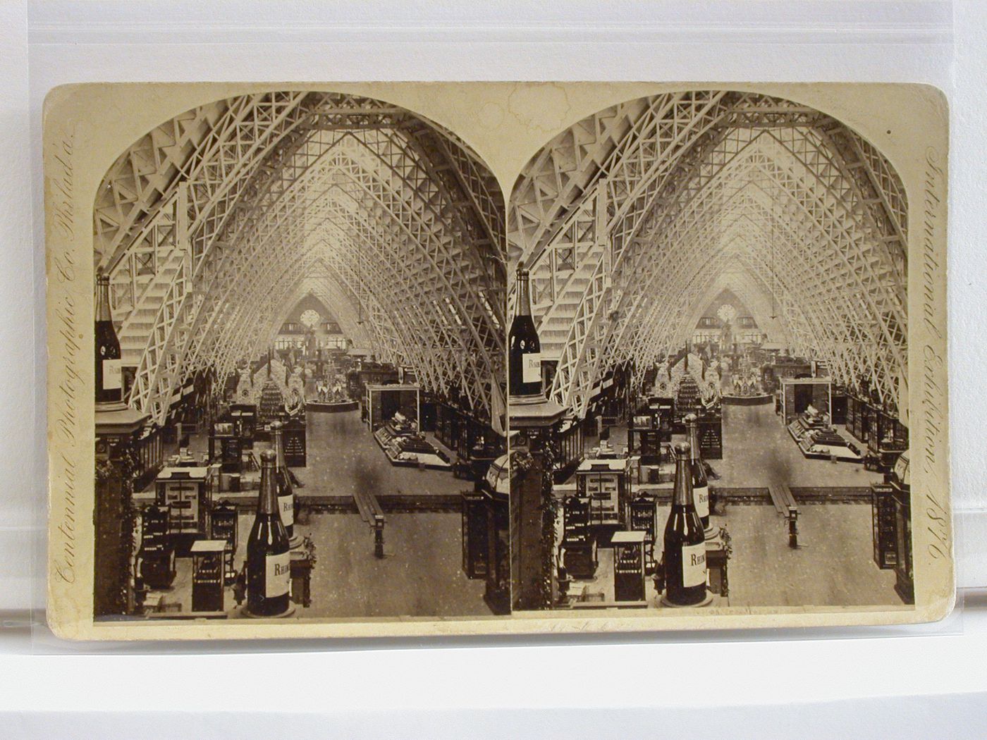 Interior of pavilion with wine display, International Exhibition 1876, Philadelphia, Pennsylvania