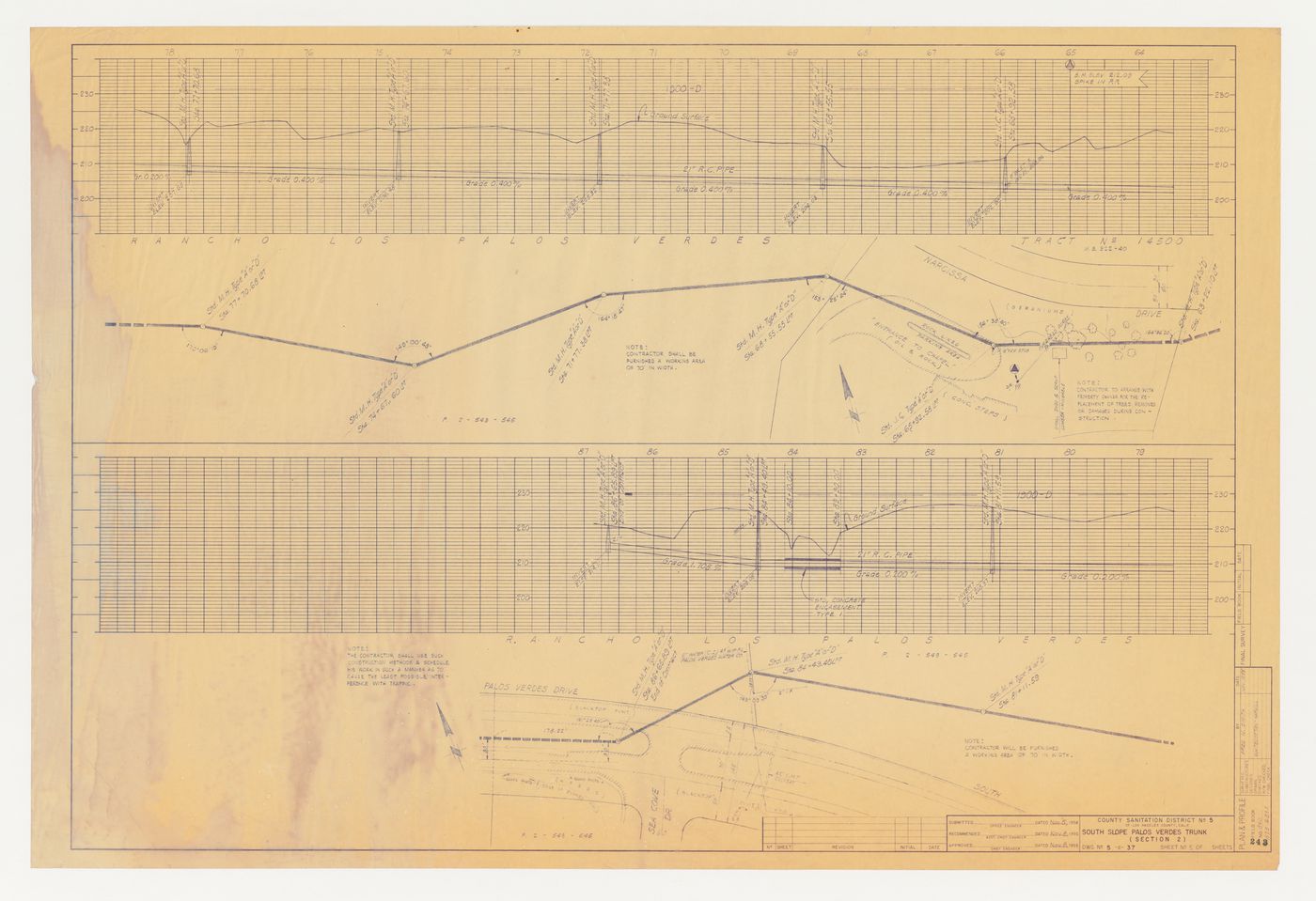 Wayfarers' Chapel, Palos Verdes, California: Plan and profile for sewage pipe passing through site