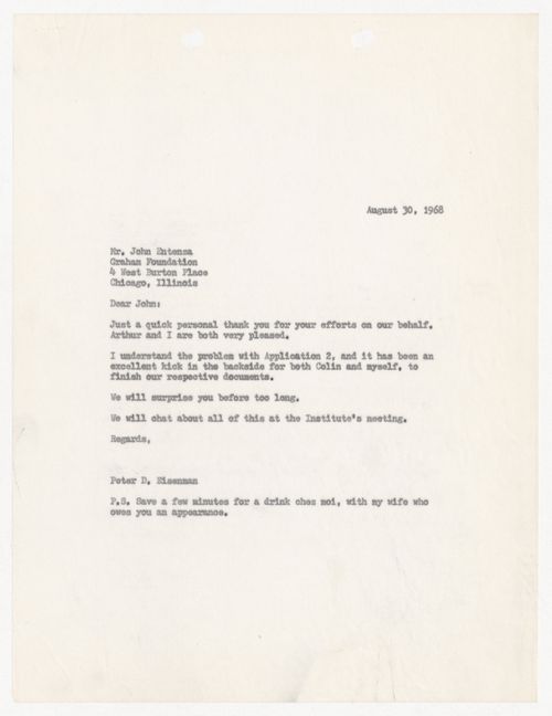 Letter from Peter D. Eisenman to John D. Entenza thanking Entenza for his help