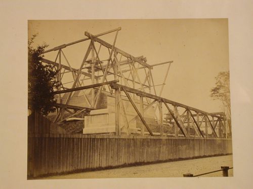 View of the Albert Memorial construction site showing a pedestal for one of four sculptures representing the continents, Hyde Park, London, England