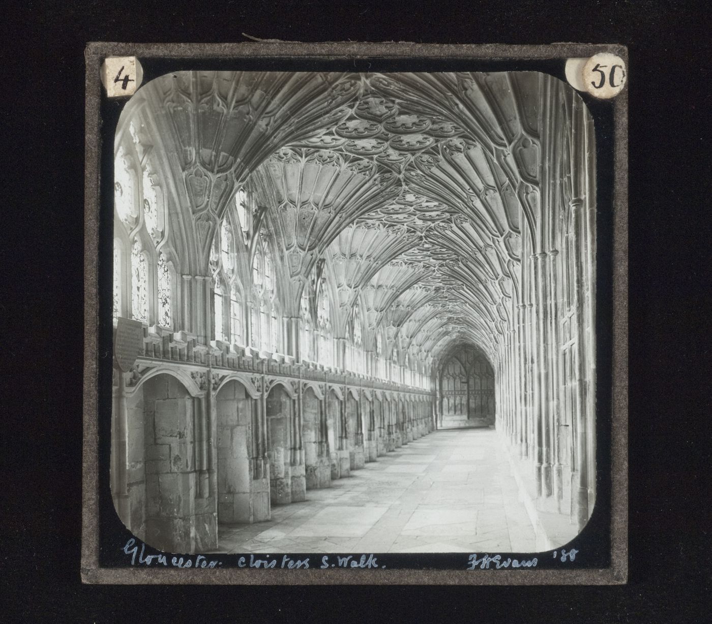 View of south walk of cloisters of Gloucester Cathedral, Gloucester, Gloucestershire, England