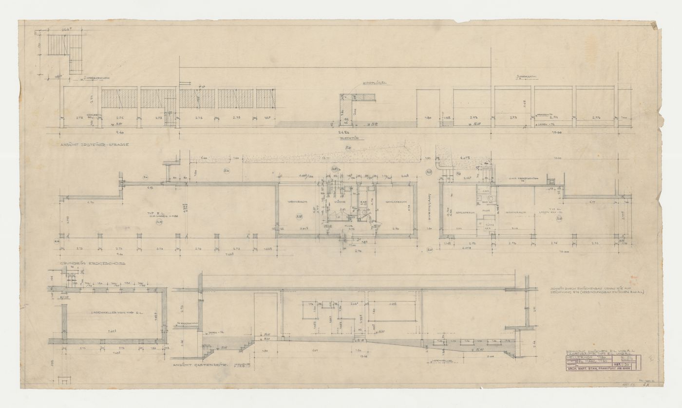 Ground floor plans, section, and elevations for a store and housing unit situated between type EL and type AL housing units, Hellerhof Housing Estate, Frankfurt am Main, Germany