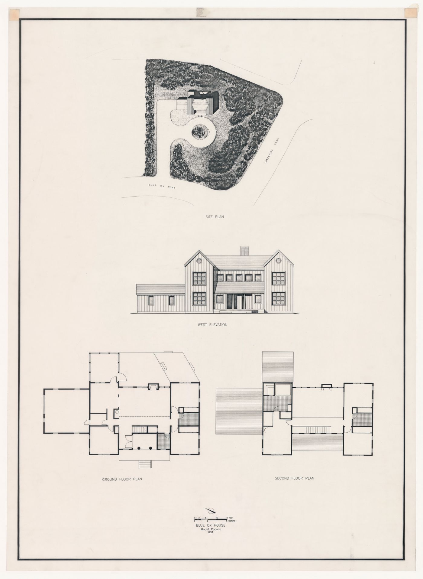 Site plan, elevation, and plans for Case unifamigliari, Pocono Mountains, Pennsylvania