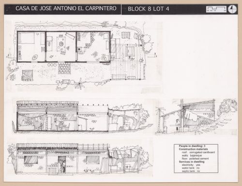 Presentation panel with floor plan, section, and elevations of Casa de Jose Antonio El Carpintero for the Urban Upgrading project La Esperanza, in Zihuatanejo, Mexico