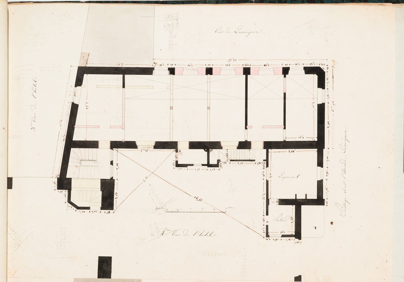 Project for the enlargement of the prison near the Préfecture de police, rue de Jérusalem, Paris: Plan for a building, probably an hôtel, adjacent to cour Lamoignon