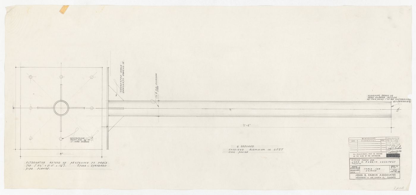 Table leg details for dining table for Residence of Mr. and Mrs. John C. Parkin, North York, Ontario