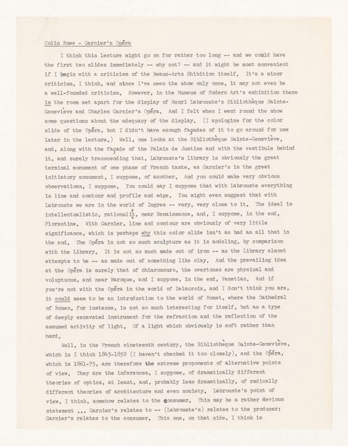 Essay titled "Garnier's Opéra" by Colin Rowe