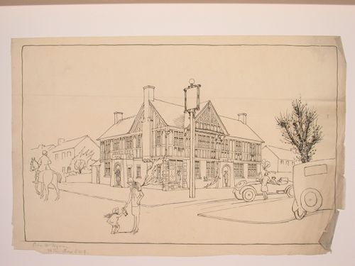 Perspectival view showing a Tudor Revival building, probably an inn or a clubhouse