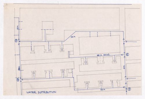 Sketch plan of plots showing water distribution for Minimum Cost Housing Group's plot in Aranya township, India, for Aranya Housing Project