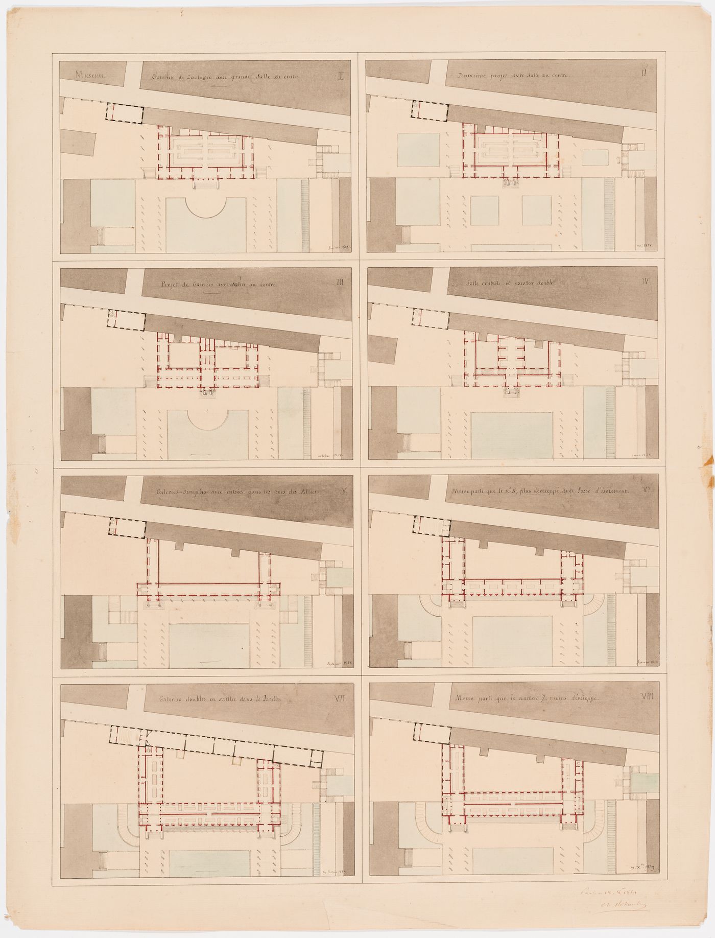 Eight alternate plans for a Galerie de zoologie