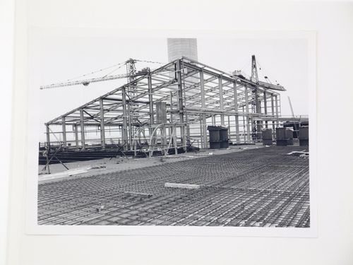 View of construction of steel structure for power station, United Kingdom
