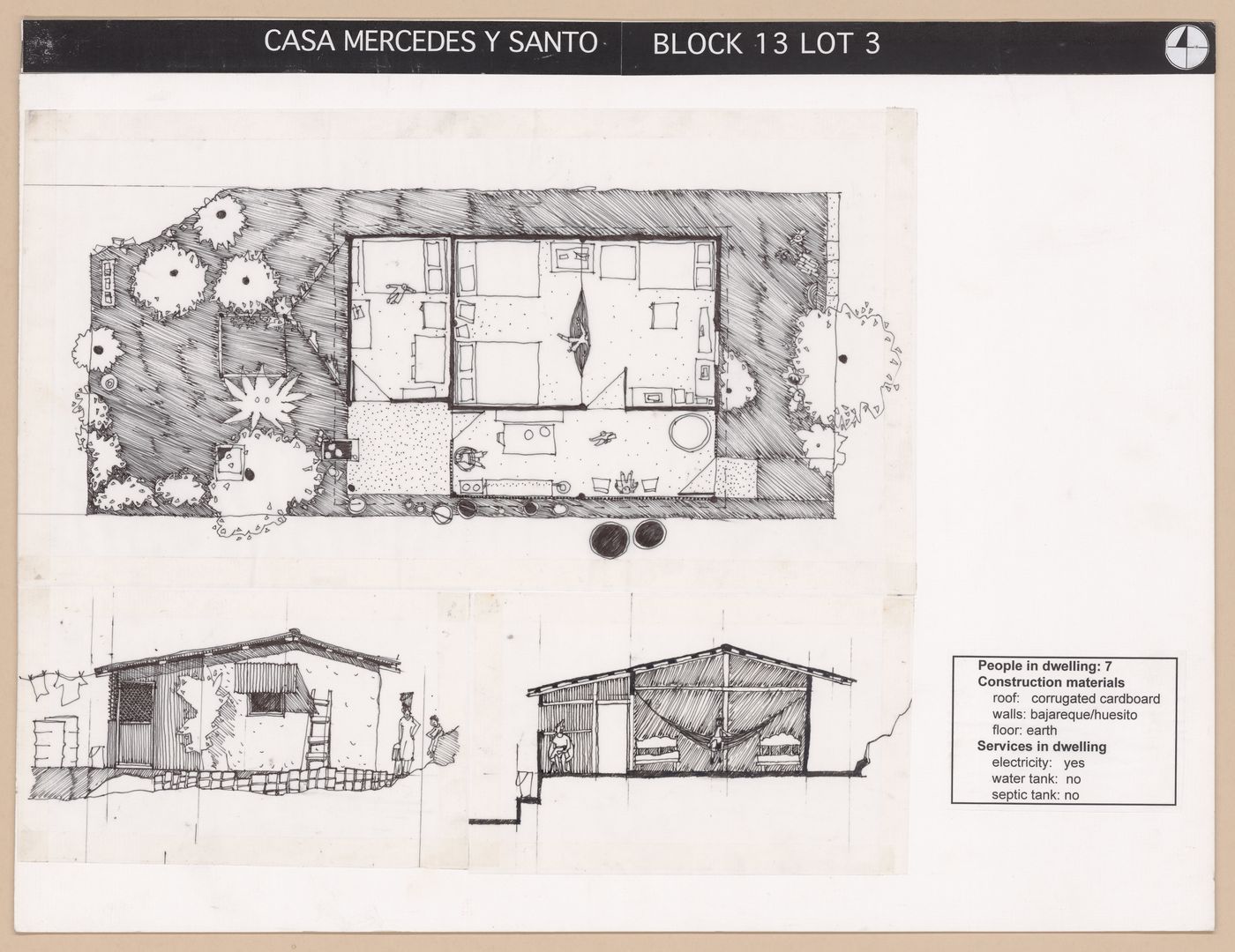 Presentation panel with floor plan, section, and elevation of Casa Mercedes y Santo for the Urban Upgrading project La Esperanza, in Zihuatanejo, Mexico