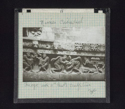 Detail view of frieze of cathedral facade with relief sculpture, Nîmes, France