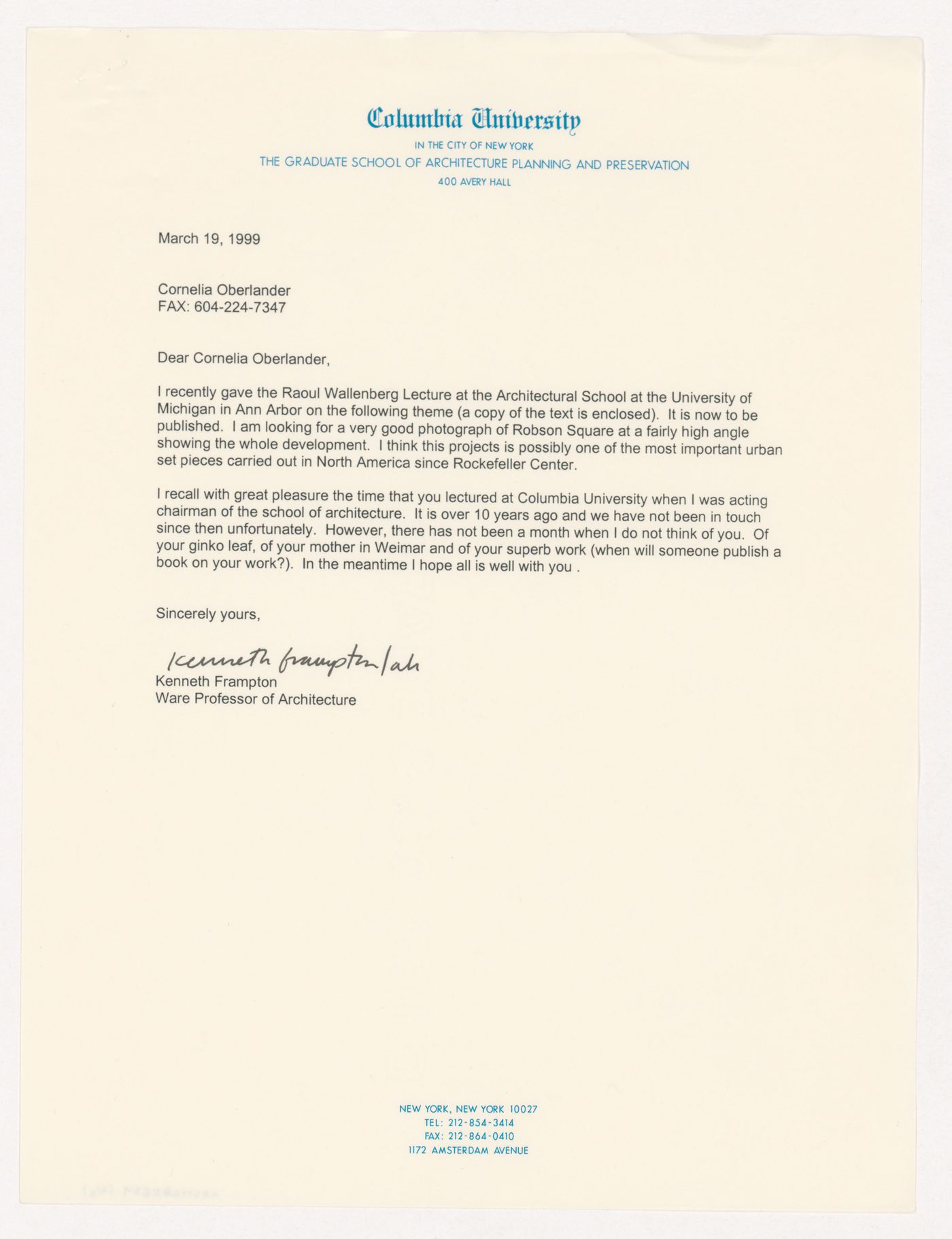 Letter from Kenneth Frampton to Cornelia Oberlander