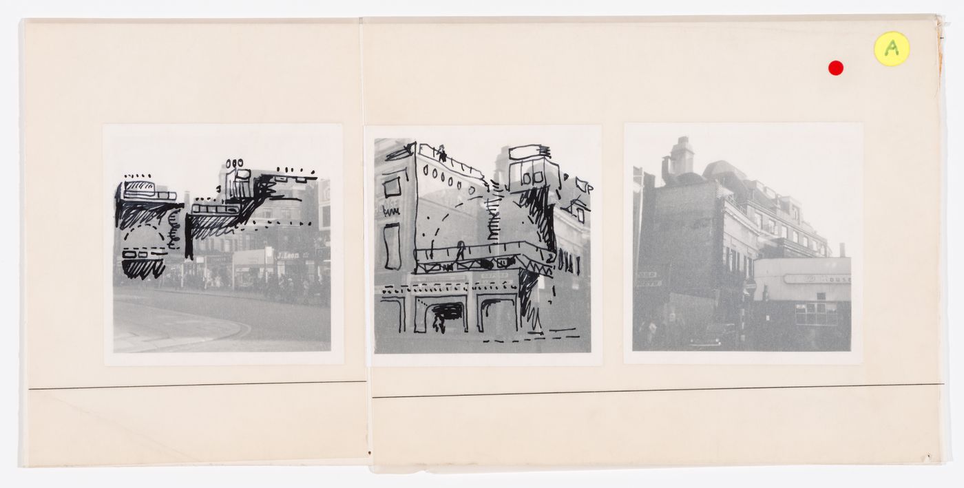 View of Oxford Corner House, London, England, with two photomontages showing a scheme for its renovation for other use