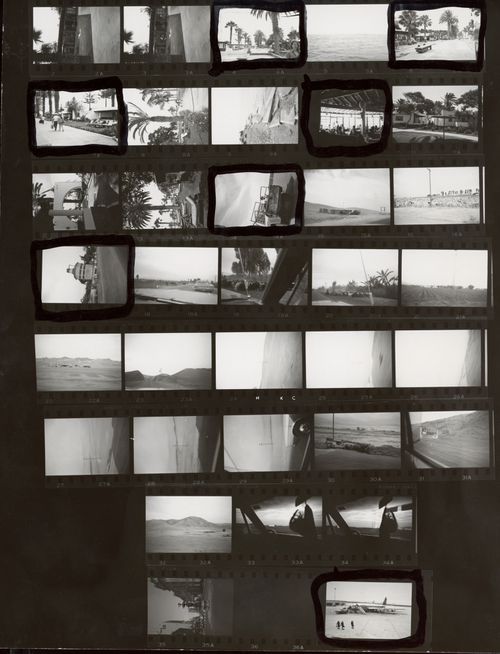 Contact sheet of landscape views, buildings and airplane, South America