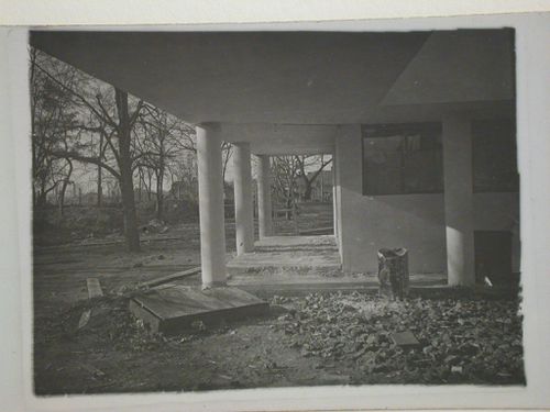 Exterior view of the pilotis of the People's Commissariat for Finance (Narkomfin) Apartment Building, 25 Novinskii Boulevard, Moscow