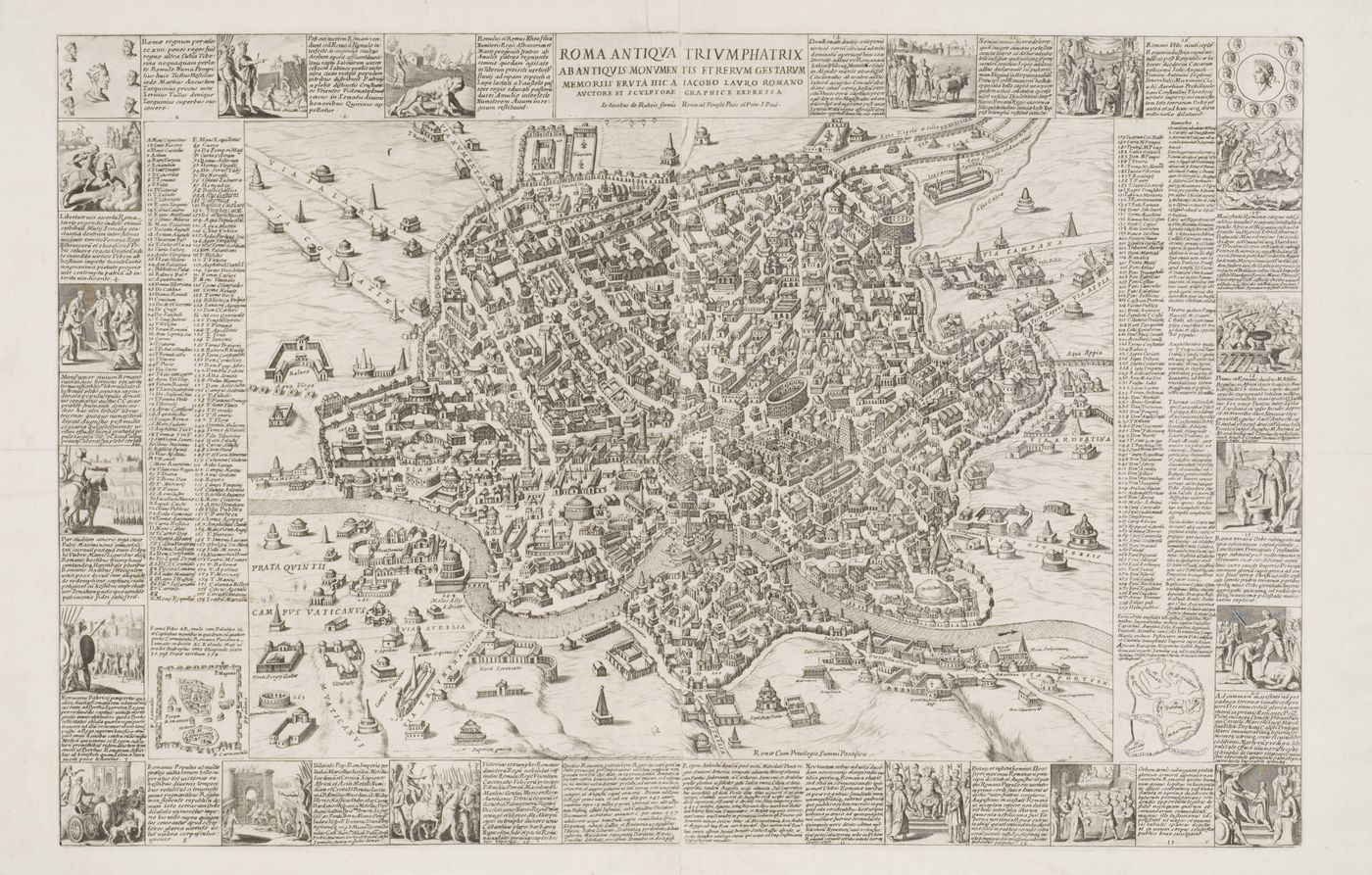 A reconstruction of ancient Rome, with a history of Rome told in vignettes around its border