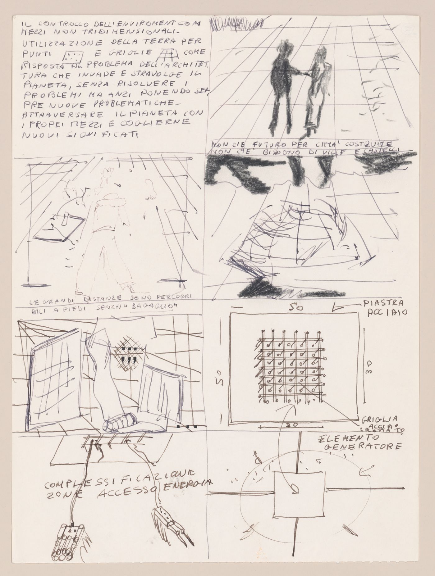 Page 12 of a storyboard describing filming locations and planning sketches of various scenes for Supersuperficie [Supersurface]