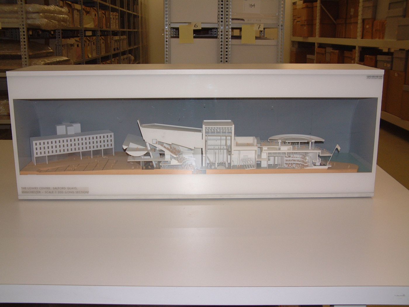 Presentation model showing longitudinal section for Lowry Centre and plaza, Salford, England