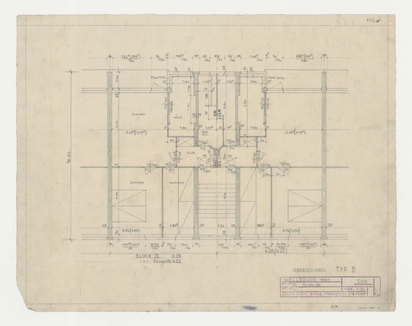 First floor plan for type B housing units, Hellerhof Housing Estate, Frankfurt am Main, Germany