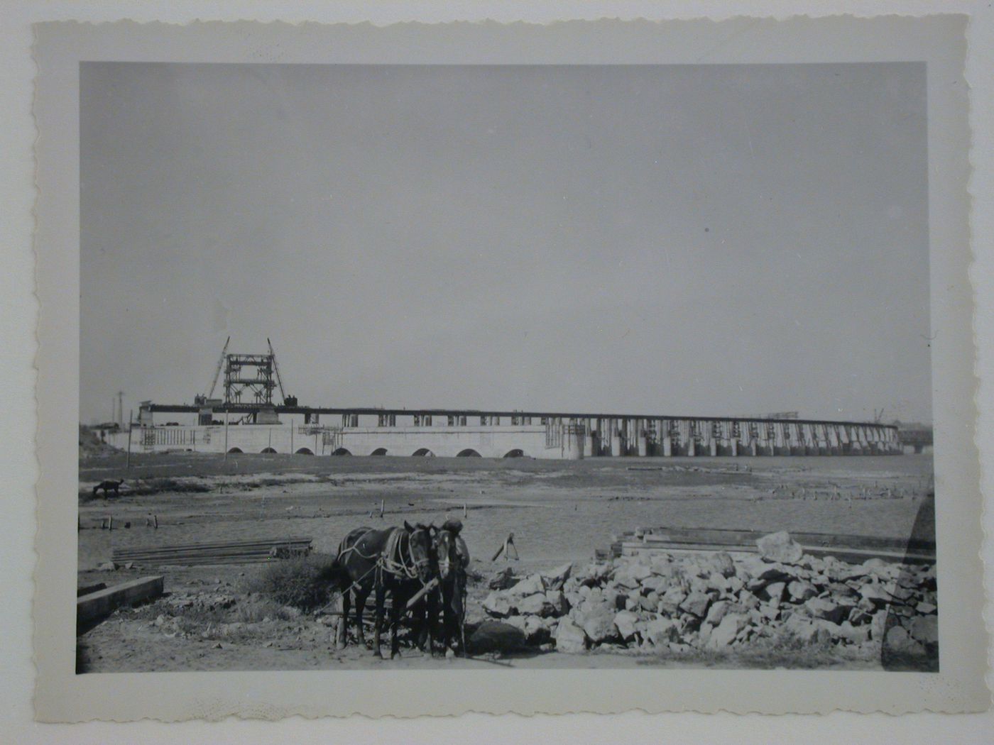 View of Dnieper Hydroelectric Power Station under construction, Zaporozhe, Soviet Union (now in Ukraine)