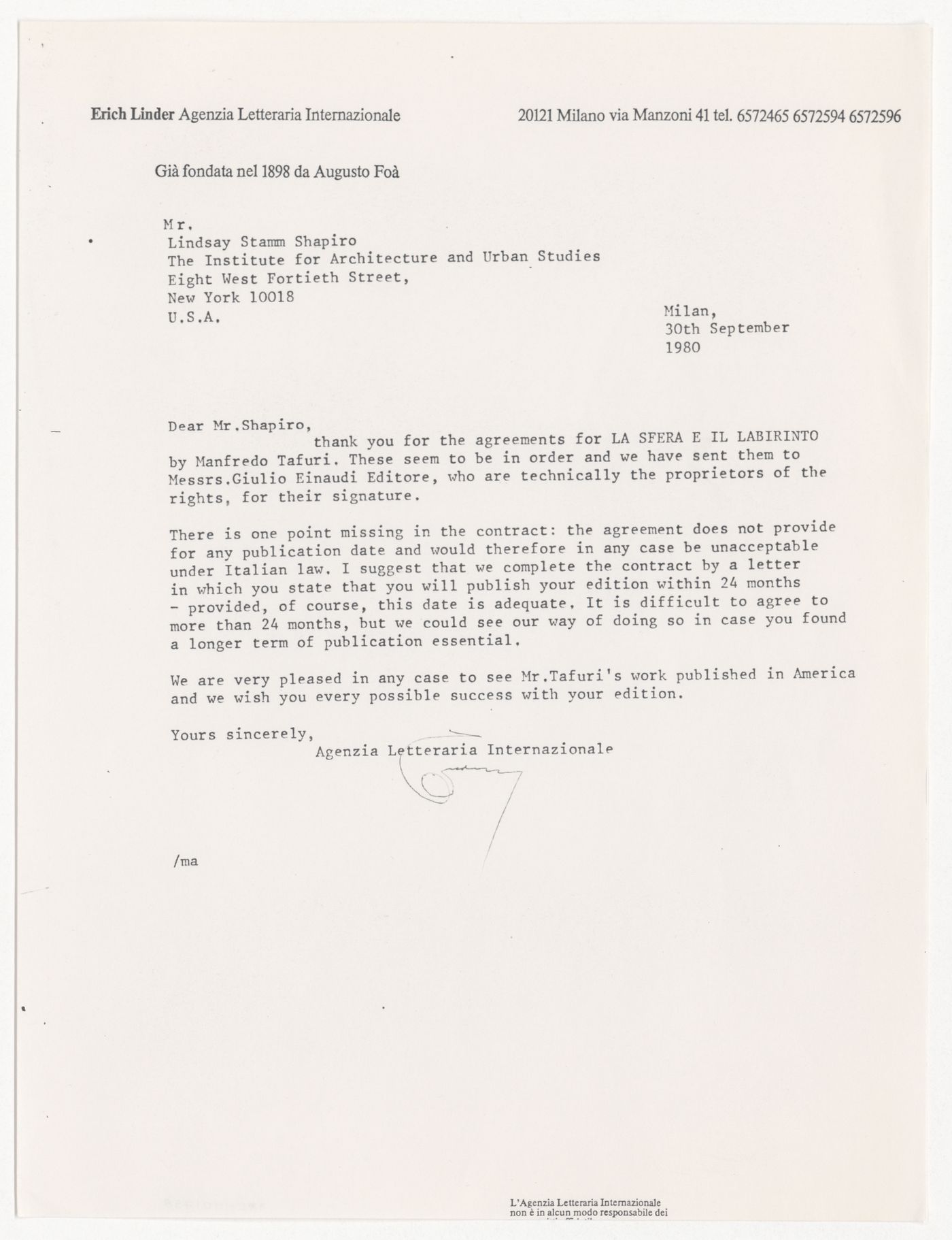 Letter from the Erich Linder to Lindsay Stamm Shapiro about publishing agreement for The Sphere and the Labyrinth by Manfredo Tafuri