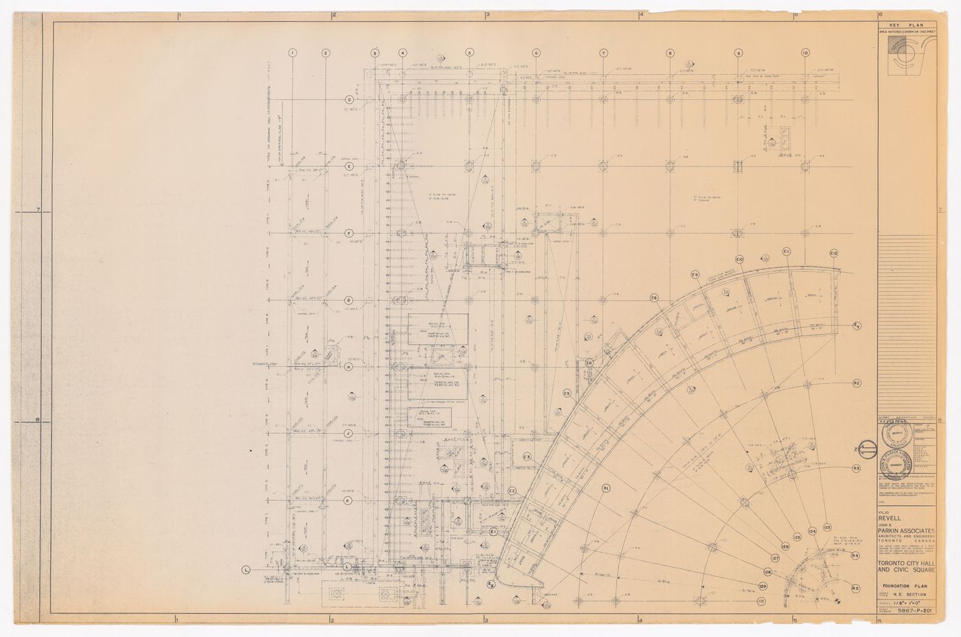 Foundation plan, N. E. section, for Toronto City Hall and Civic Square, Toronto