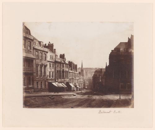 General view of streets and houses, with Bath Abbey and another church in the background, Bath, England