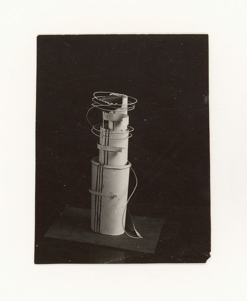 Photograph of a student model on the topic "Finding a Voluminous Form (Cylinder) with Inclusion of Additional Elements in  Space" for the "Space" course at the Vkhutemas (Higher State Artistic Technical Studios), Moscow