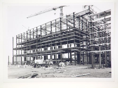 View of construction of steel structure for power station, from exterior, United Kingdom