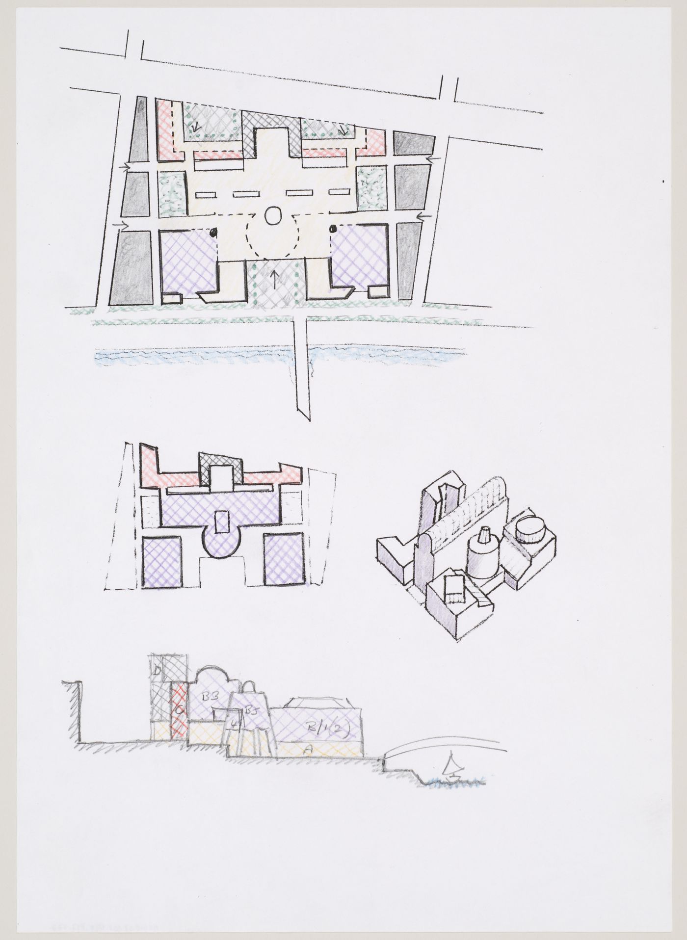 Bibliothèque de France, Paris, France: plans, axonometric and section