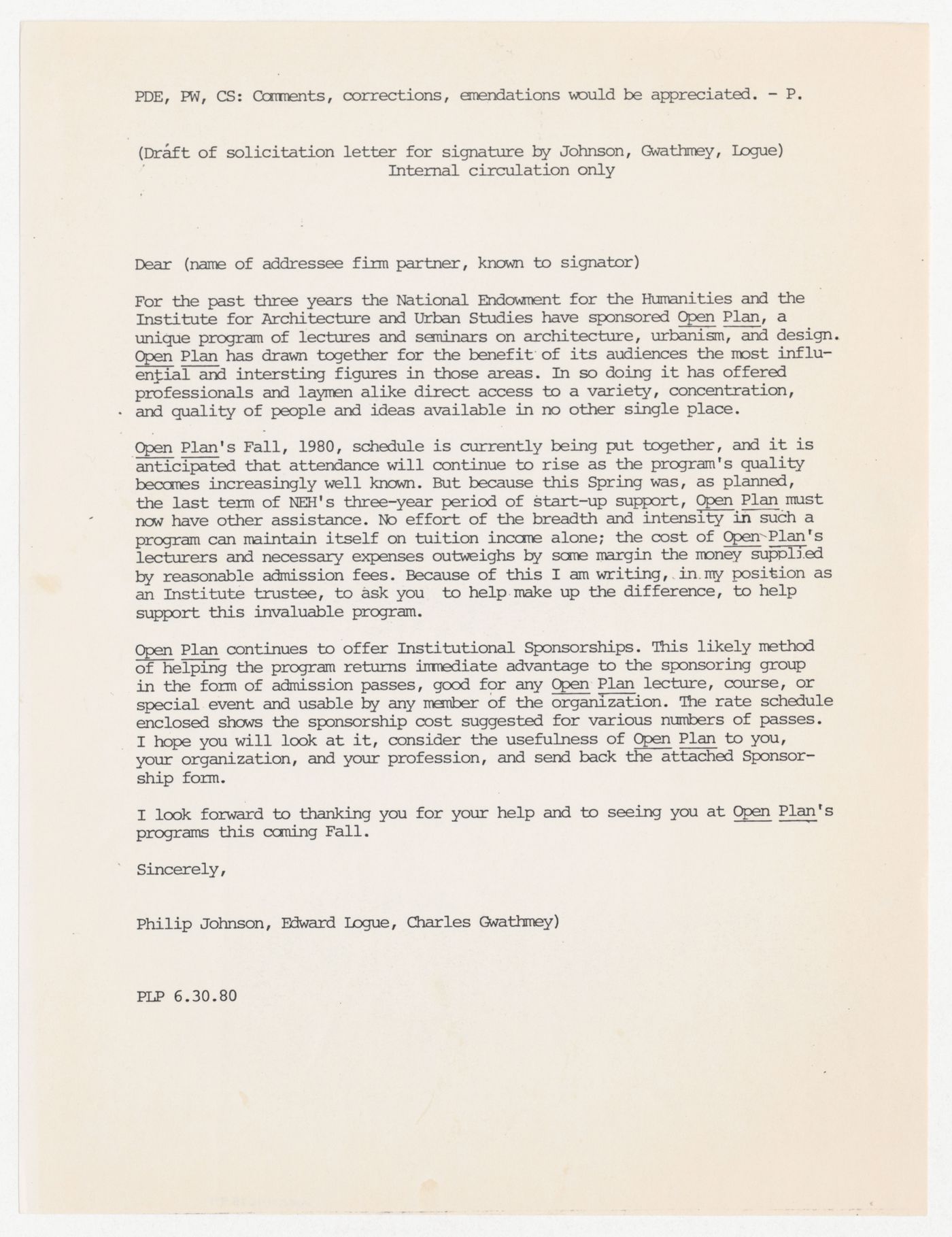 Draft letter for soliciting donations for Open Plan