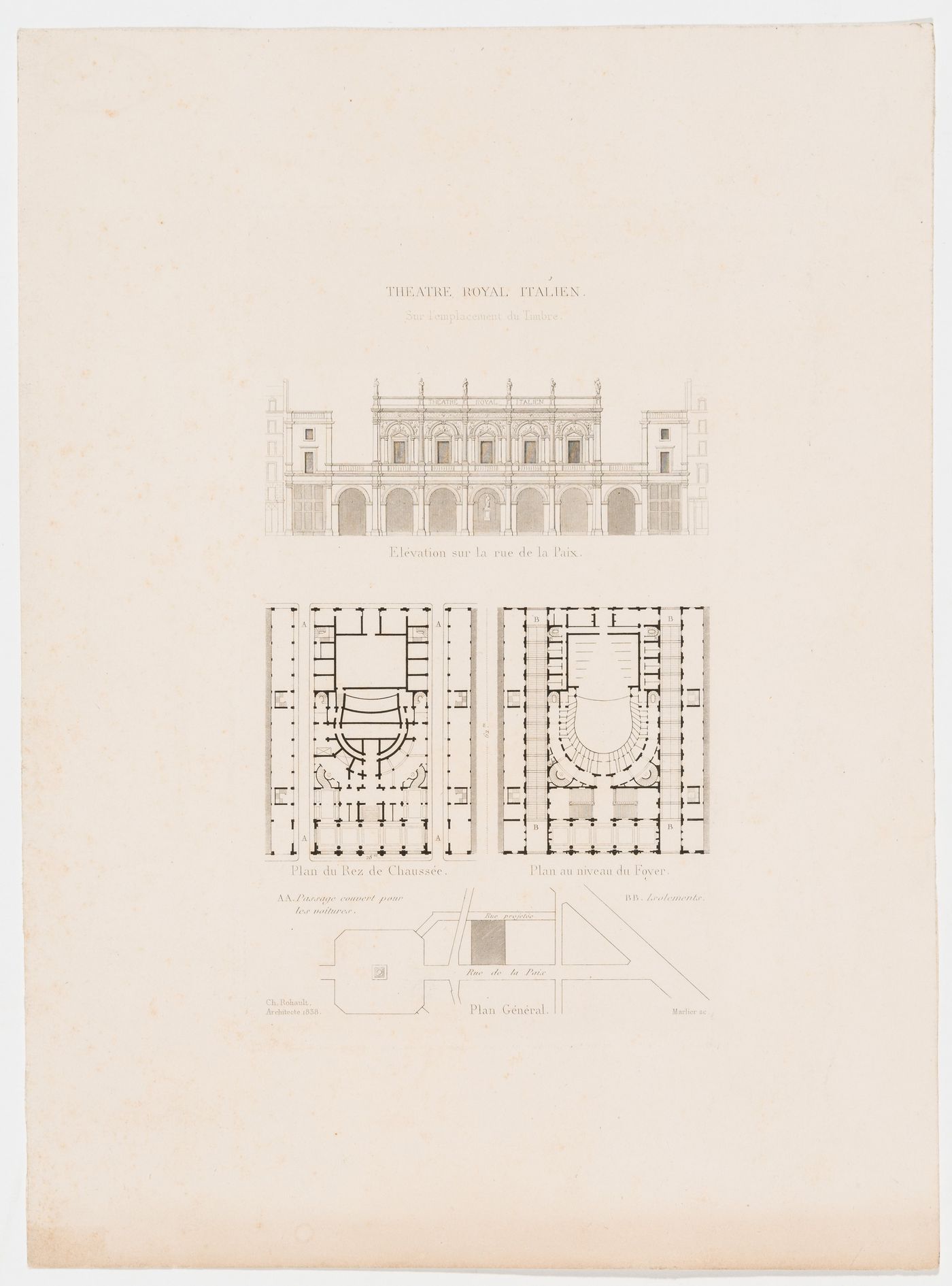 Elevation for the principal façade for the Théâtre Royal Italian, with a site plan and ground and "niveau du foyer" plans