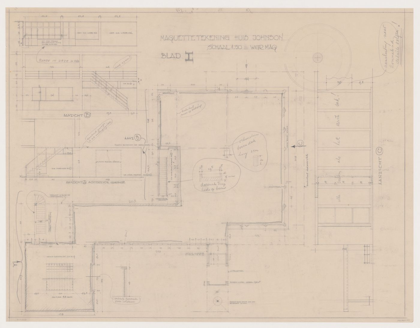 Plan, sections and elevations for a model for Johnson House, Pinehurst, North Carolina