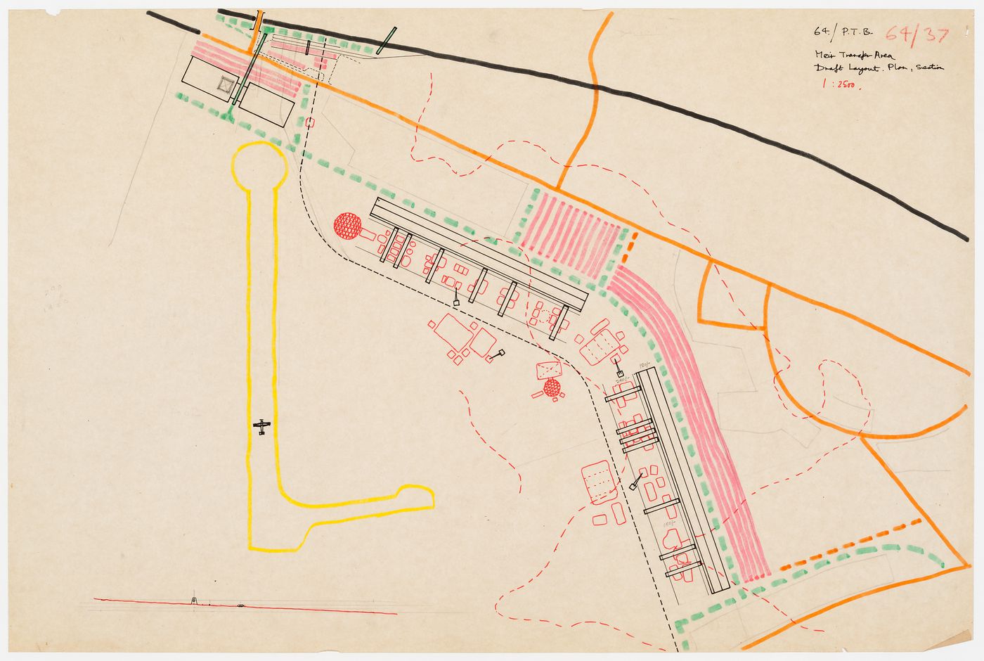 Meir Transfer Area: draft layout, plan, section (drawing from the Potteries Thinkbelt project records)